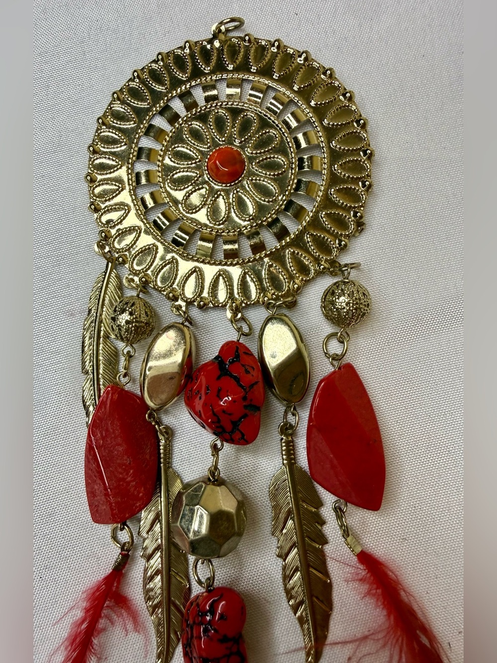 Dreamcatcher Style Gold and Red Pendant with Red Feathers